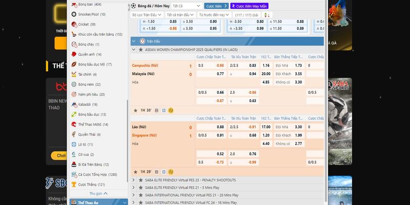 Sảnh SABA với vô vàn bộ môn cược thể thao